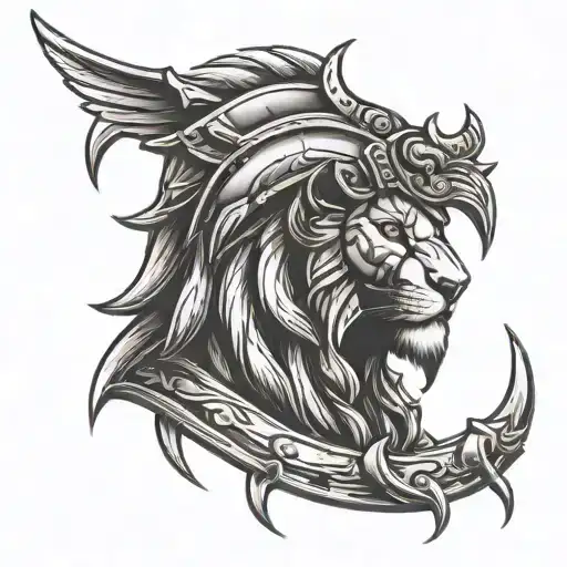 Lion Head Above A Spartan Helmet Hanging Upside