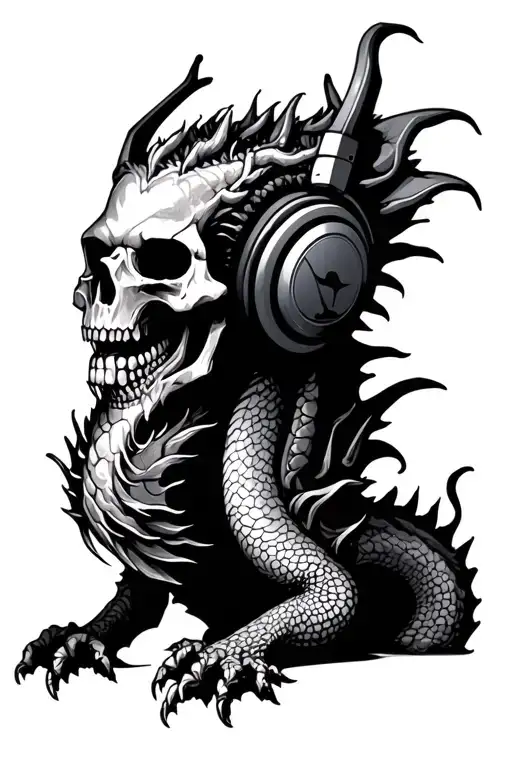 Dragon And Skull Wearing Headphones