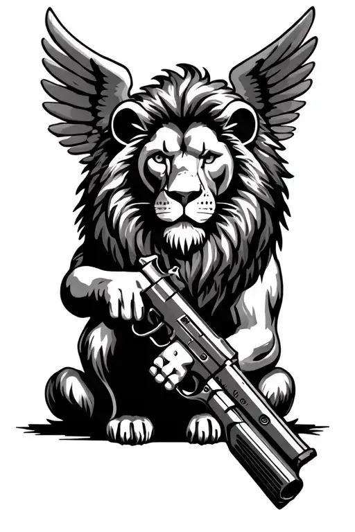 Lion Holding A Gun With Wings Behind It