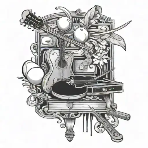 An Intricate Tattoo Design Incorporating Themes Of Music And Table Tennis Equipment