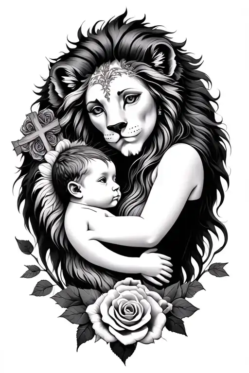 Lionmother With Baby And Roses And Cross