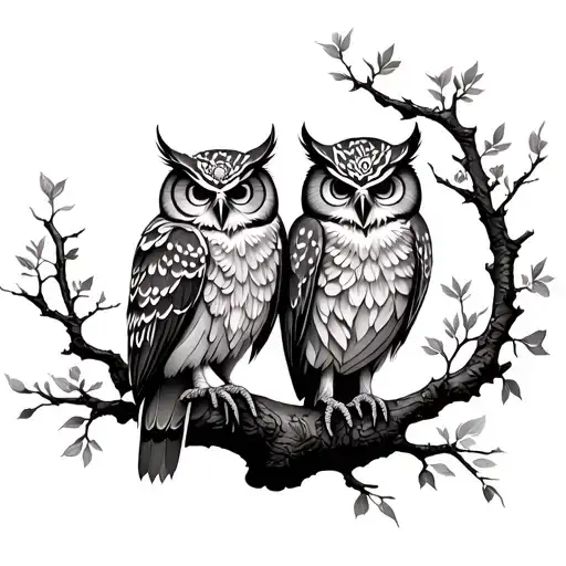 Floral Owls In Trees Chest Tattoo Design