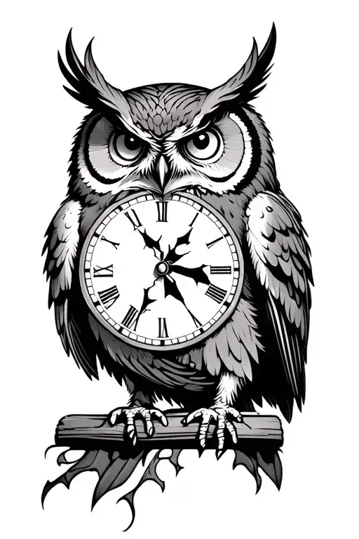 Owl With A Broken Clock On His Chest Tattoo Design
