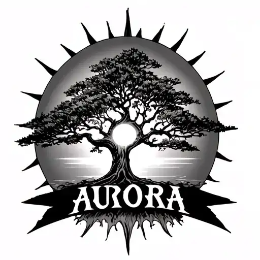 A Tattoo With A Tree Growing From The Sun And The Name Aurora Fitted In Perfectly