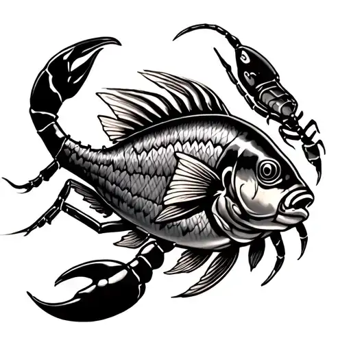 A Tattoo Design With A Realistic Fish And A Scorpion With A Nice Background