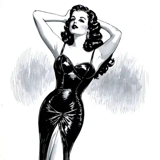 1930 Vintage Pinup Dark Long Hair Black Calf Length Dress Standing Arms Up