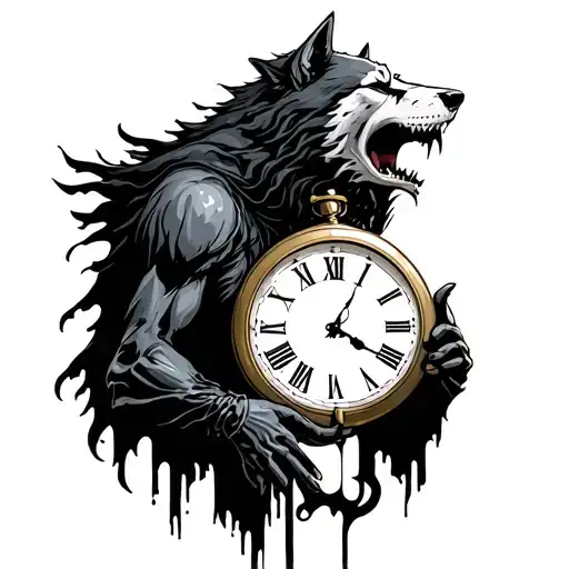 Wolf Howling Grim Reaper Holding Clock