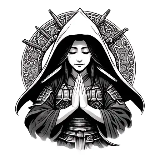 Mother Merry Facing Forward With Hood Praying Samurai