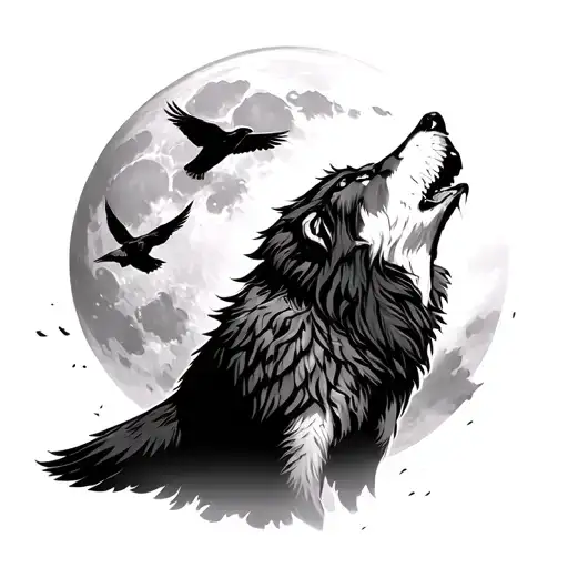 Wolf Howling At The Moon With Ravens Flying In The Sky