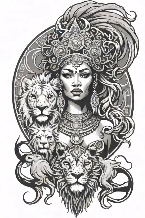African Goddess Surrounded Lion Head