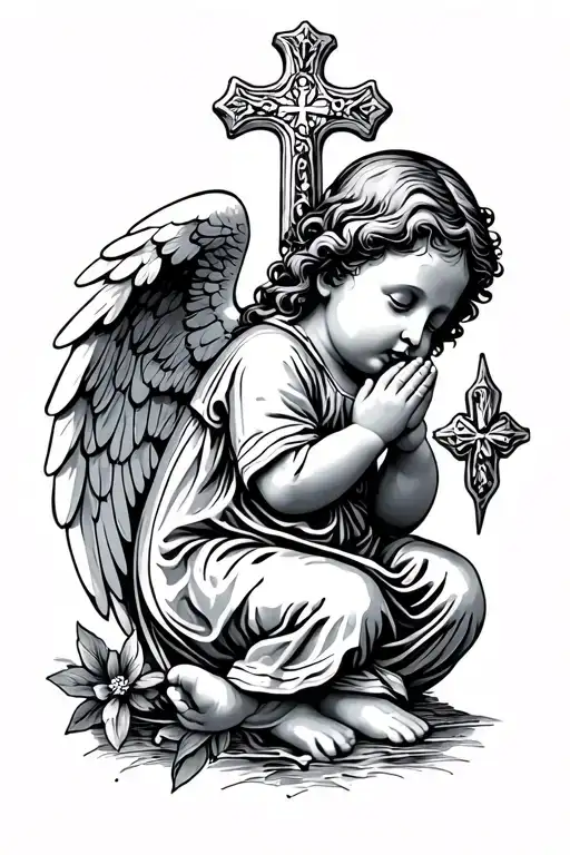Praying Baby Angel With Cross Under It