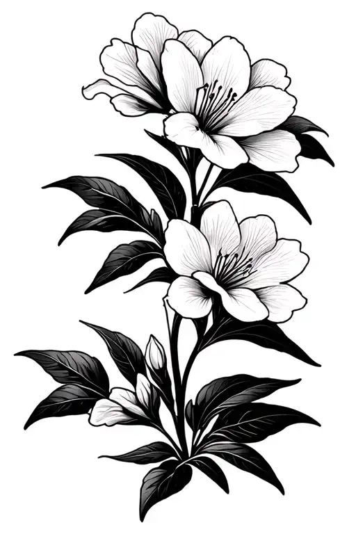 Black And White Stencil Of Azalea Flowers With Some Leaves In A Line Formation
