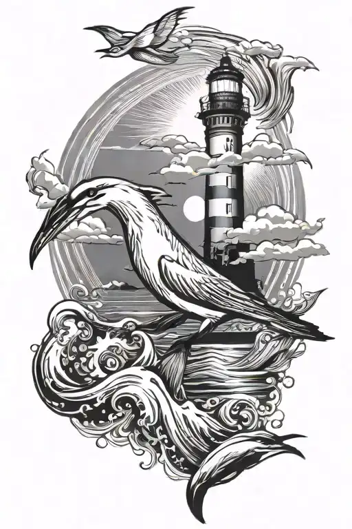 Sea Lighthouse Dolphin Seagull Flying Towards The Sun