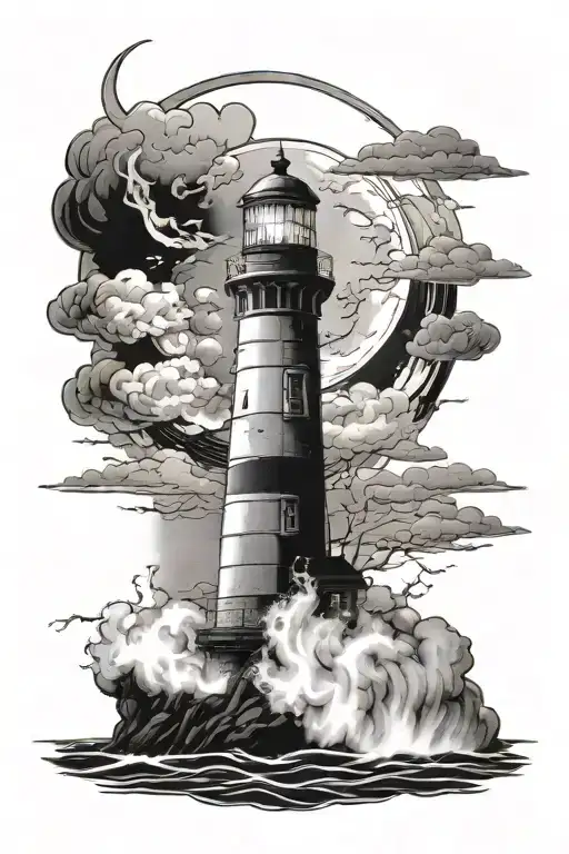 Storm Lighthouse Towards The Moon