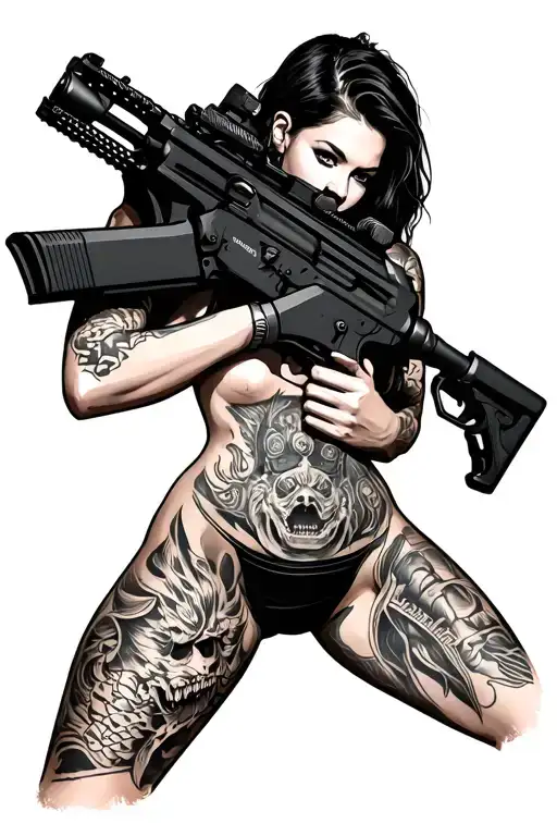 Ra15 Assault Rifle With Nude Tattoo Woman Holding It