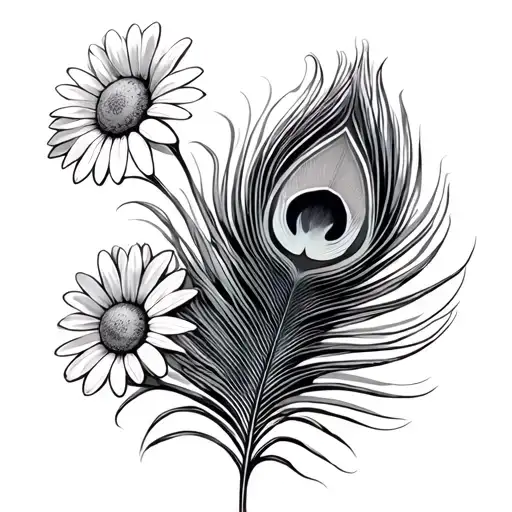Peacock Feather And Daisy Flower