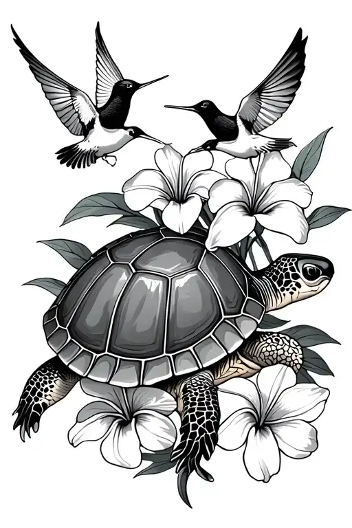 Turtle With Hibiscus Orchid Plumeria And Swallows