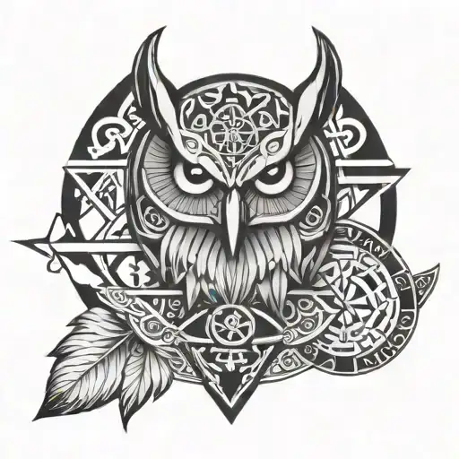 Viking War Tattoo With Owl And Geometric Shales