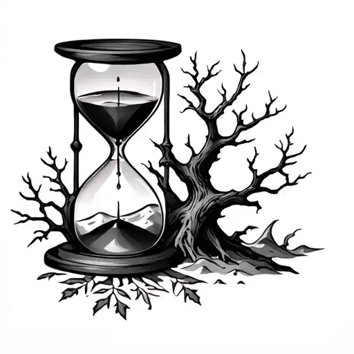 Quad Tattoo Hourglass With Dead Tree On Bottom With The Dead Leaves Making The Sand In The Bottom