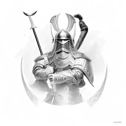 Handsome Asian Male Warrior With Full Beard Dressed In Battle Armour Holding A Spear