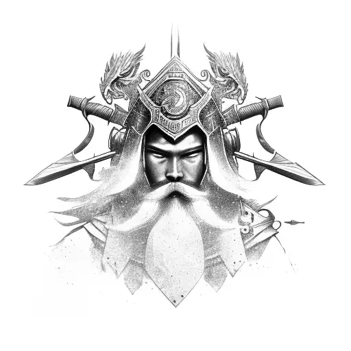 Handsome Asian Male Warrior With Full Beard Dressed In Battle Armour Holding A Spear Half Sleeve