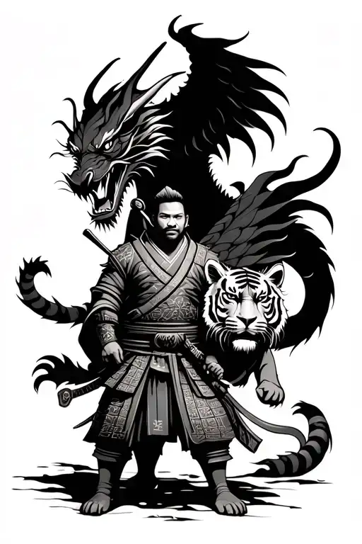 Traditional Samurai Standing With A Tiger In His Front And A Big Flying Dragon Behind Him