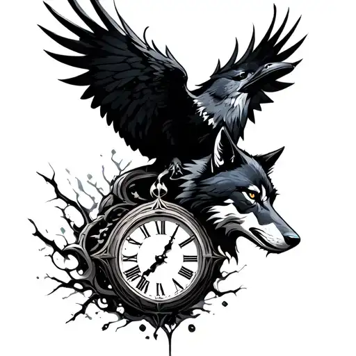 Wolf With Raven Full Black Crumbling Clock Tower