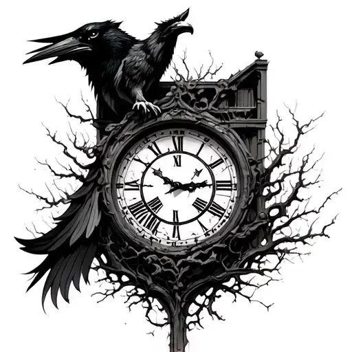 Wolf With Raven Full Black Crumbling Clock Tower With Surrounding Vines