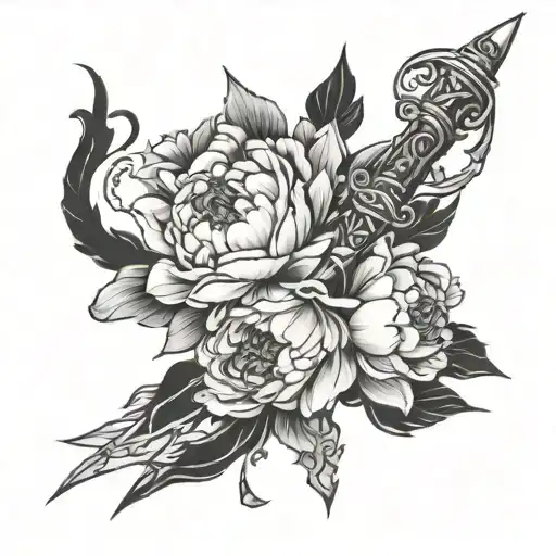 Peony Flowers Intertwined In A Dagger With Jewels