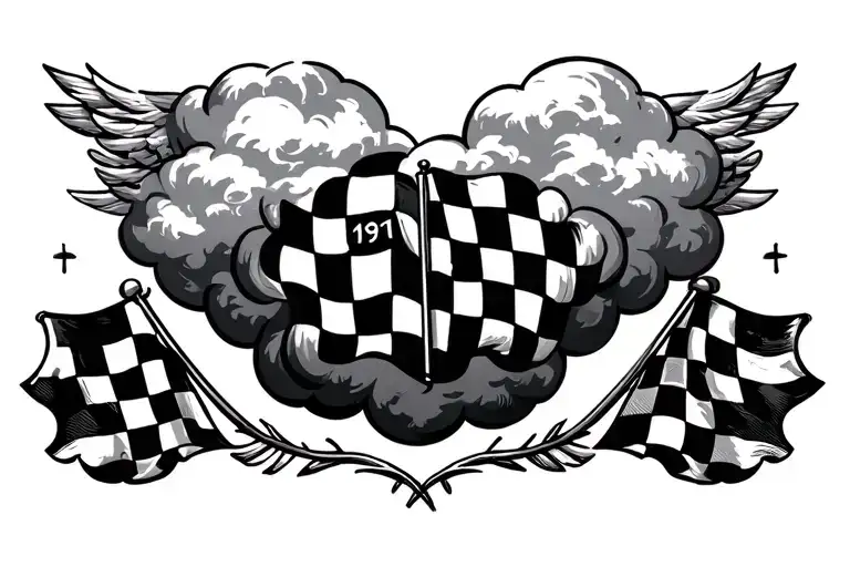 Est 1991 Cloud Background Small Checkered Flags On Each Side