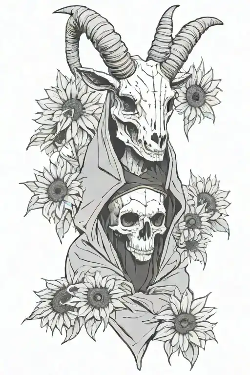 A Girl Sitting Goat Skull Mask And Sunflowers In A Black Long Hoodie Bones