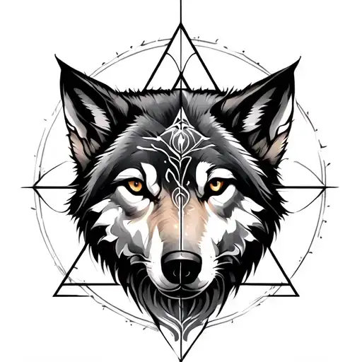 Spiritual And Elegant Tattoo Containing A Wolf And A Triangle Integrated In Sacred Geometry Spiral