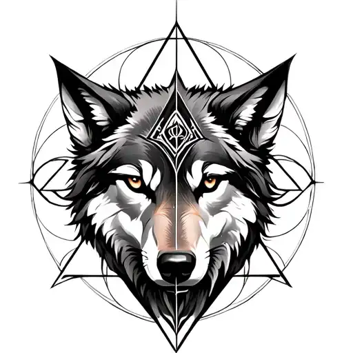 Spiritual And Elegant Tattoo Containing A Wolf And A Triangle Integrated In Sacred Geometry Spiral