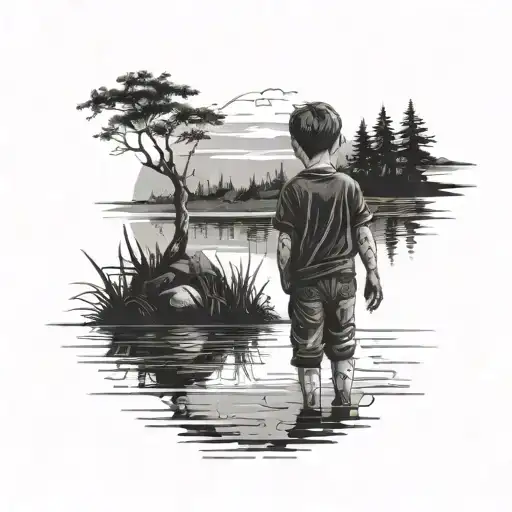 Kid Standing In A Peaceful Place Looking Into A Lake With An Evil Reflection