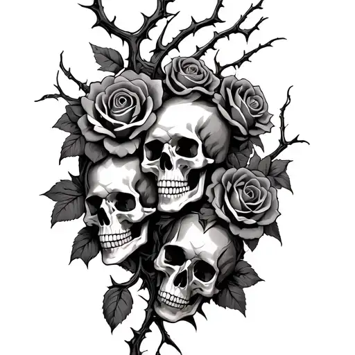 Thorny Vine And Roses Intertwined With Skulls Surrounded