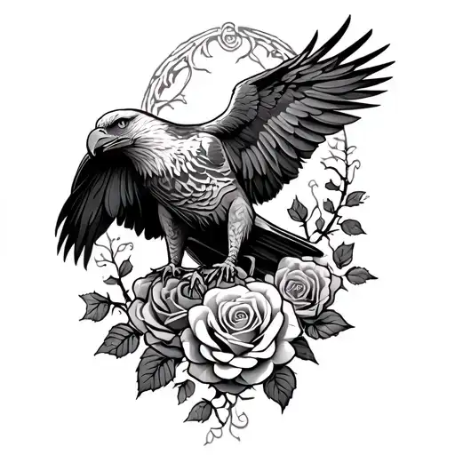 Thorny Vine And Roses Intertwined With Eagle Perched Sleeve