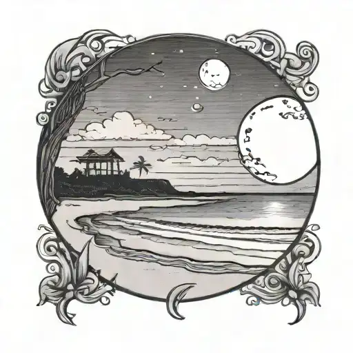 A Black And Grey Tattoo Of A Serene Beach At Night With A Prominent Crescent Moon