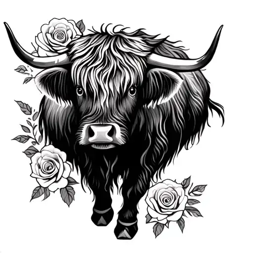 Highland Cow With Roses Blooming