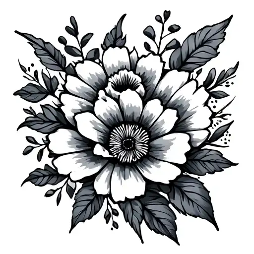 Men's Floral Rib Tattoo Black And Grey With December And Aprils Birth Flowers In It