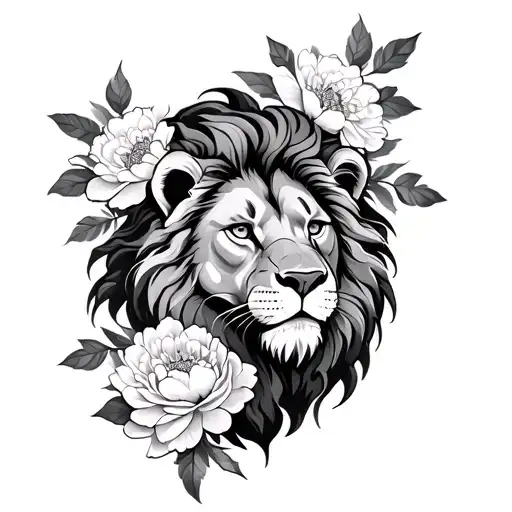 Lion And Peony Flowers