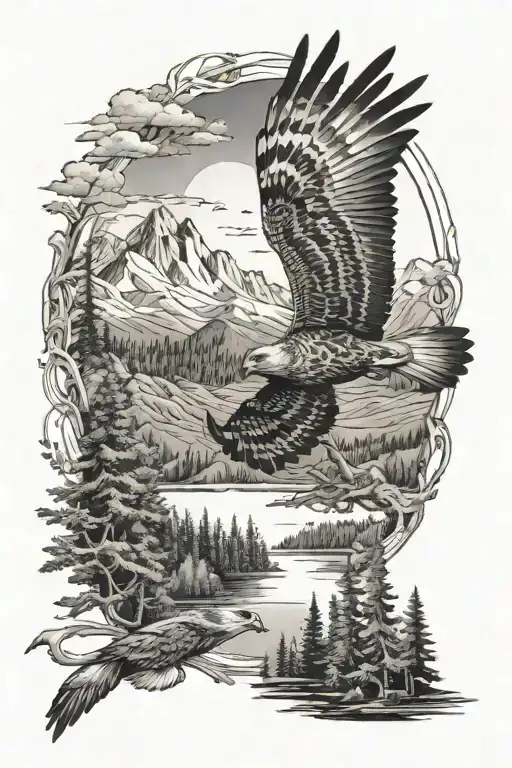 Nature With Trees A Hawk Flying And Mountains And Trees With A Lake