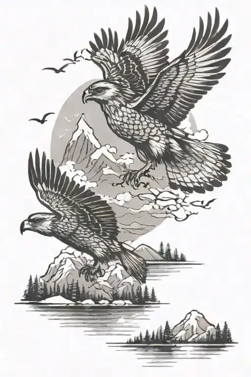 Nature With Trees A Hawk Flying And Mountains And Trees With A Lake