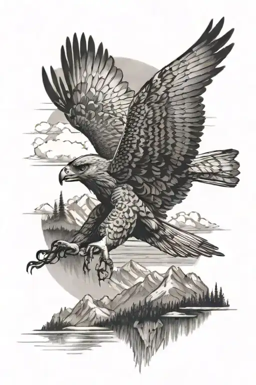 Nature With Trees A Hawk Flying And Mountains And Trees With A Lake