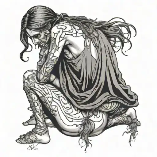 Nude Woman Bent Over Hands Bound Behind Back With Grim Reaper Pulling Her Ponytail