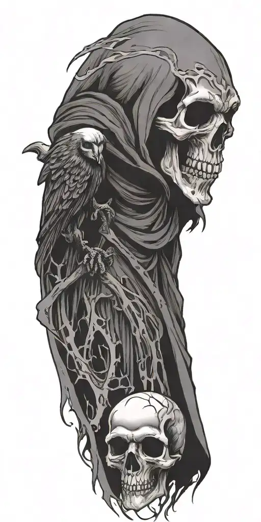 Grim Reaper With Crow Flying And Skull