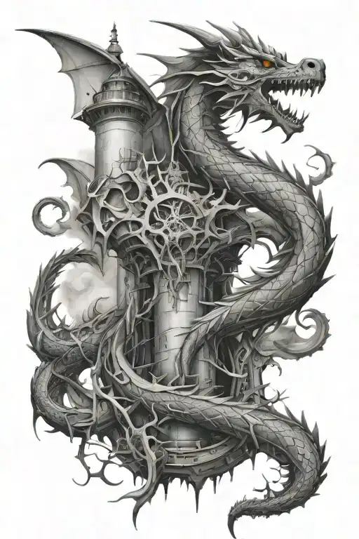 Biomechanical Dragon Wrapping Around Lighthouse