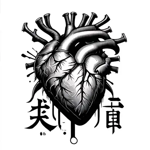Layered Cyberpunk Heart With Kanji