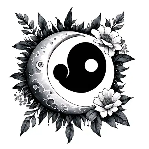 Simple Sun And Moon Tattoo With Flowers For Two People