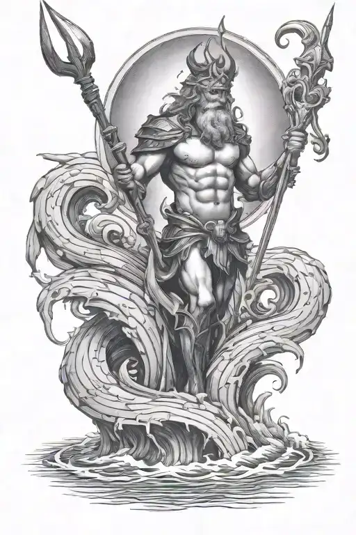 Neptune Stands In The Water With A Trident