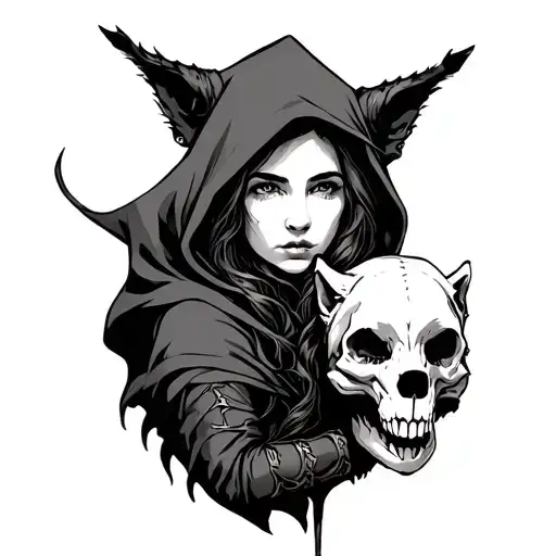 Red Riding Hood Holding Wolf Skull